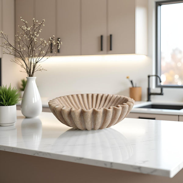 10" Large Decorative Bowl Decor, Scalloped Bowls for Modern Home Decor,Ruffle Decor,Stylish Key Bowl for Entry Table,Decorative Fruit Bowl for Kitchen Counter,Artificial Stone Beige8