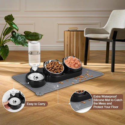 Cat Food and Water Bowl Set, Stainless Steel Raised Cat Bowls with Automatic Water Bottle & Waterproof Mat for Cats/Puppies, 3 in 1 Pet Feeding Station for Wet/Dry Food, Black5
