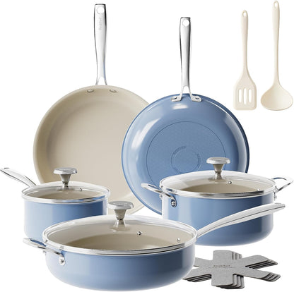 Ceramic Nonstick Cookware Set,14Pcs Pots and Pans Set Non Stick,Induction Cookware with Stainless Steel Handle,Non Toxic Kitchen Cooking Set,Dishwasher & Oven Safe,Pfas PFOA & PTFE Free（Blue）1