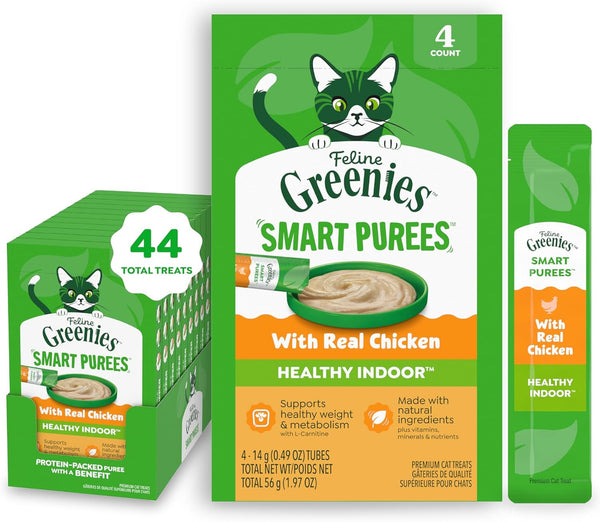 Greenies Feline Smart Purees Cat Treats, Indoor Chicken, 20 Count | Grain-Free, L-Carnitine for Metabolism, High Digestible Protein, No Carrageenan, Moisture-Rich, Nutritionally Complete11