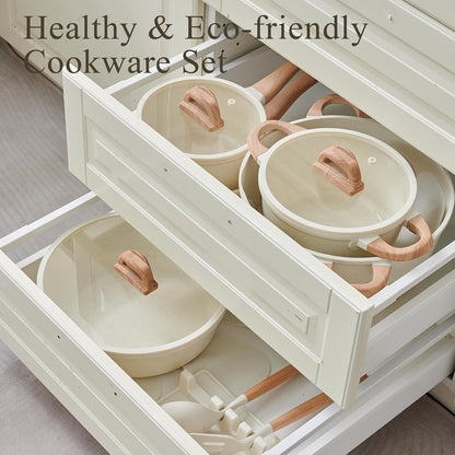 22 Pcs Cream Titanium Nonstick Pots & Pans, Induction & Gas | Ultra-Durable Titanium Nonstick Coating, Warm Cream Aesthetic, Heat-Resistant Wood Handles, Suitable for All Stove Induction9