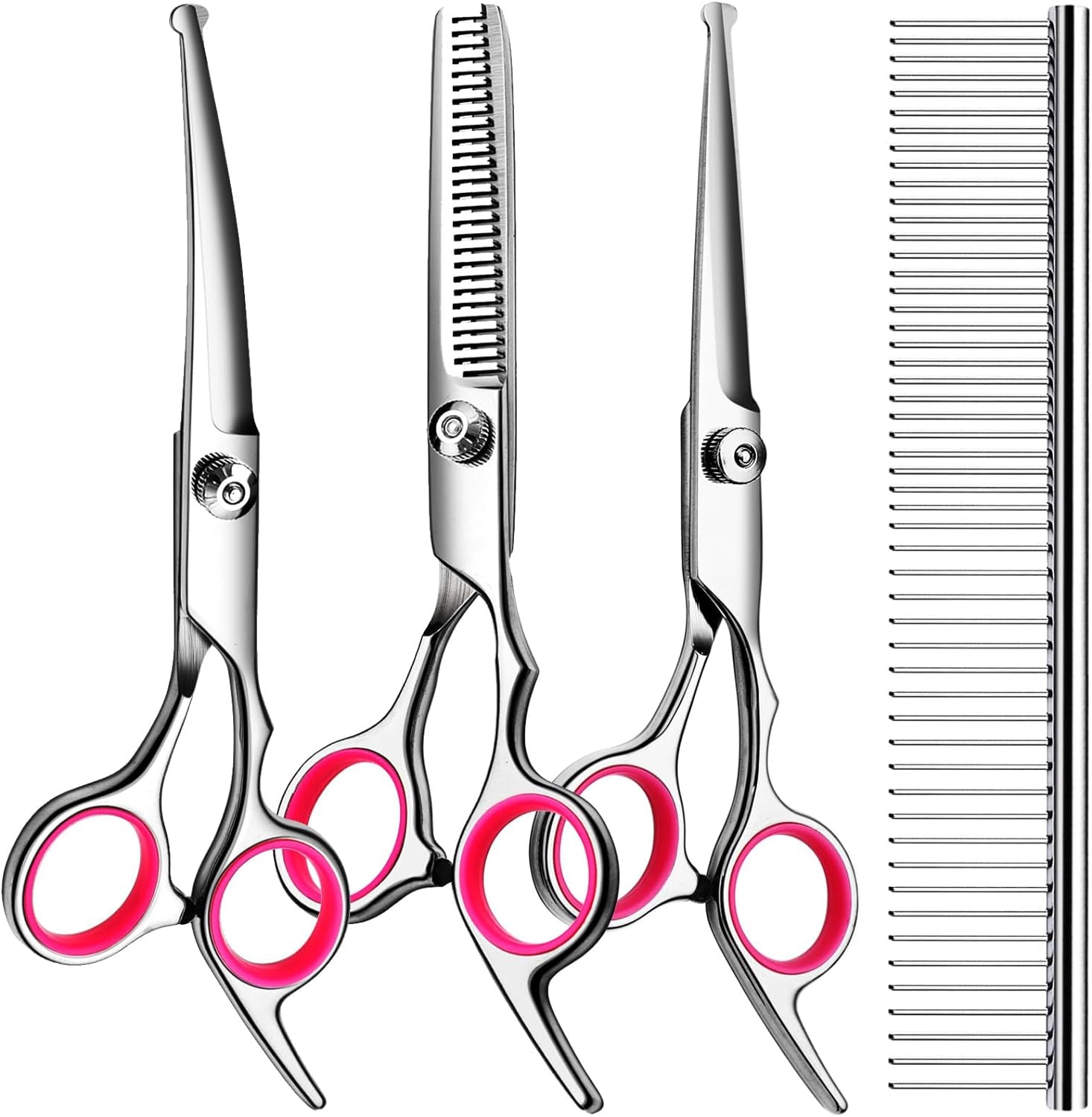 tinmarda-dog-grooming-kit-professional-stainless-steel-dog-grooming-scissors-with-curved-shears-pink-finger-rings-4-piece-sharp-durable-pet-shears-for-dogs-cats-at-home-salon-quality-grooming