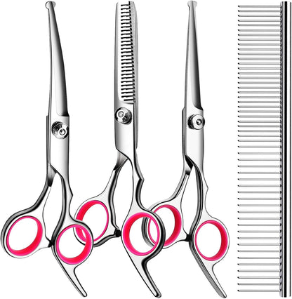 TINMARDA Dog Grooming Kit, Professional Stainless Steel Dog Grooming Scissors with Curved Shears, Pink Finger Rings - 4 Piece Sharp Durable Pet Shears for Dogs Cats at Home Salon-Quality Grooming1