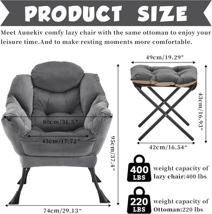 Lazy Chair with Ottoman, Comfy Reading Chair, Darkgrey | Cushioned Seat with Foldable Ottoman and Side Pocket, Lounge Chair for Bedroom, Living Room, Dorm and Small Spaces3