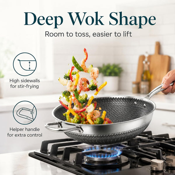 12.6 Inch Stainless Steel Honeycomb Wok Pan with Standing Glass Lid, Flat Bottom Stir Fry Pan for Induction, Gas & Electric Stoves, Physical Stick-Resistant Surface, Dishwasher Safe5