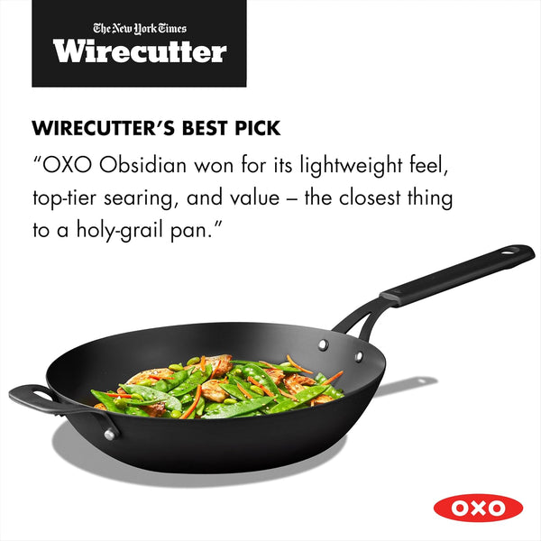 OXO Obsidian Pre-Seasoned Carbon Steel, 12" Wok Pan with Removable Silicone Handle Holder, Induction, Oven Safe, Black3