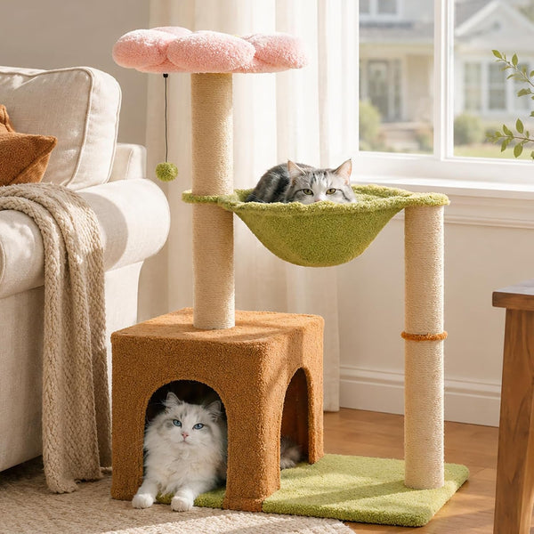 Flower Cat Tree 34” Cat Tower with Scratching Post & Big Hammock | Forest Cat Tower with 16” Hammock, Spacious Cat House,34” Scratching Post,Removable Flower Bed, Small Cat Tree for Large Cats1