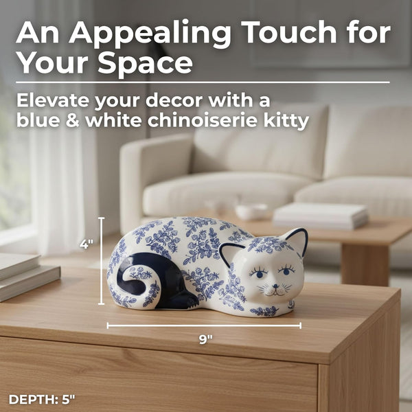 Ceramic Chinoiserie Cat Sculpture for Home Decor - Chic Ornaments for Bathroom, Office, Room and Living Room Display Styling - Sculptural Figurine for Shelf or Coffee Table Decor - 4", Blue & White2