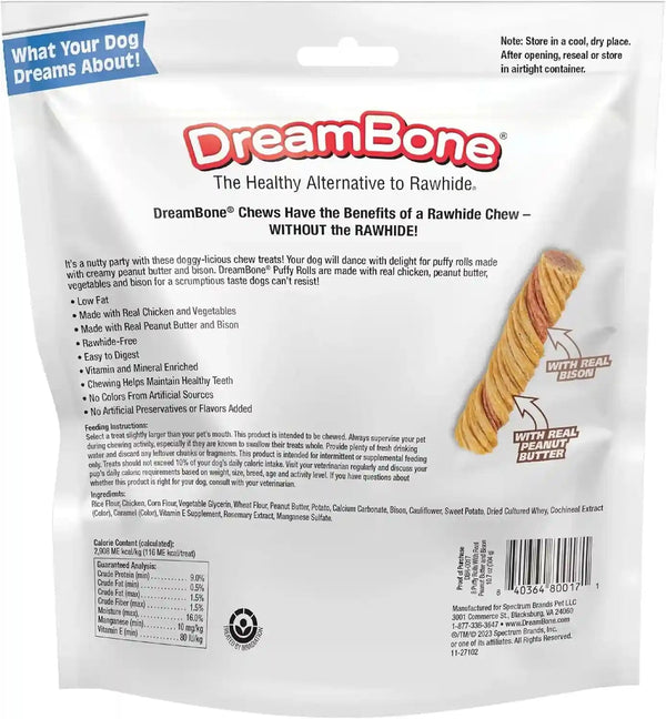 Dreambone Puffy Rolls Chews for Dogs, 8 Count, Treat Your Dog to Easy-To-Digest Rawhide-Free Chews Made with Real Peanut Butter and Bison2