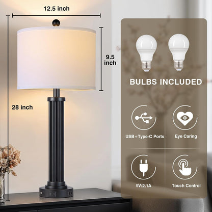 28" Tall Modern Table Lamps with USB C+A Ports and AC Outlet, 3 Way Touch Metal Bedside Lamps for Bedroom, Black Nightstand Lamps for Living Room4