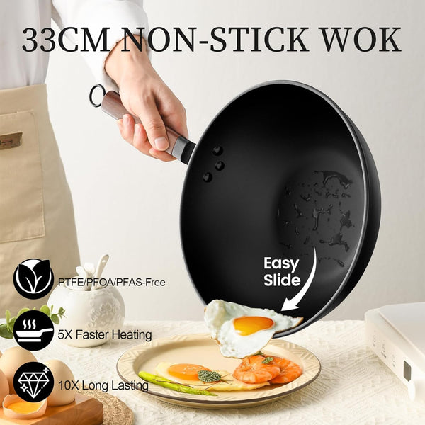 13 Inch Wok with Glass Lid & Silicone Spatula, Naturally Non‑Stick | Pre‑Seasoned 5.6 Quart Carbon Steel Woks & Stir-Fry Pans with Flat‑Bottom, PFOA & Ptfe‑Free Chinese Cookware for All Cooktops4