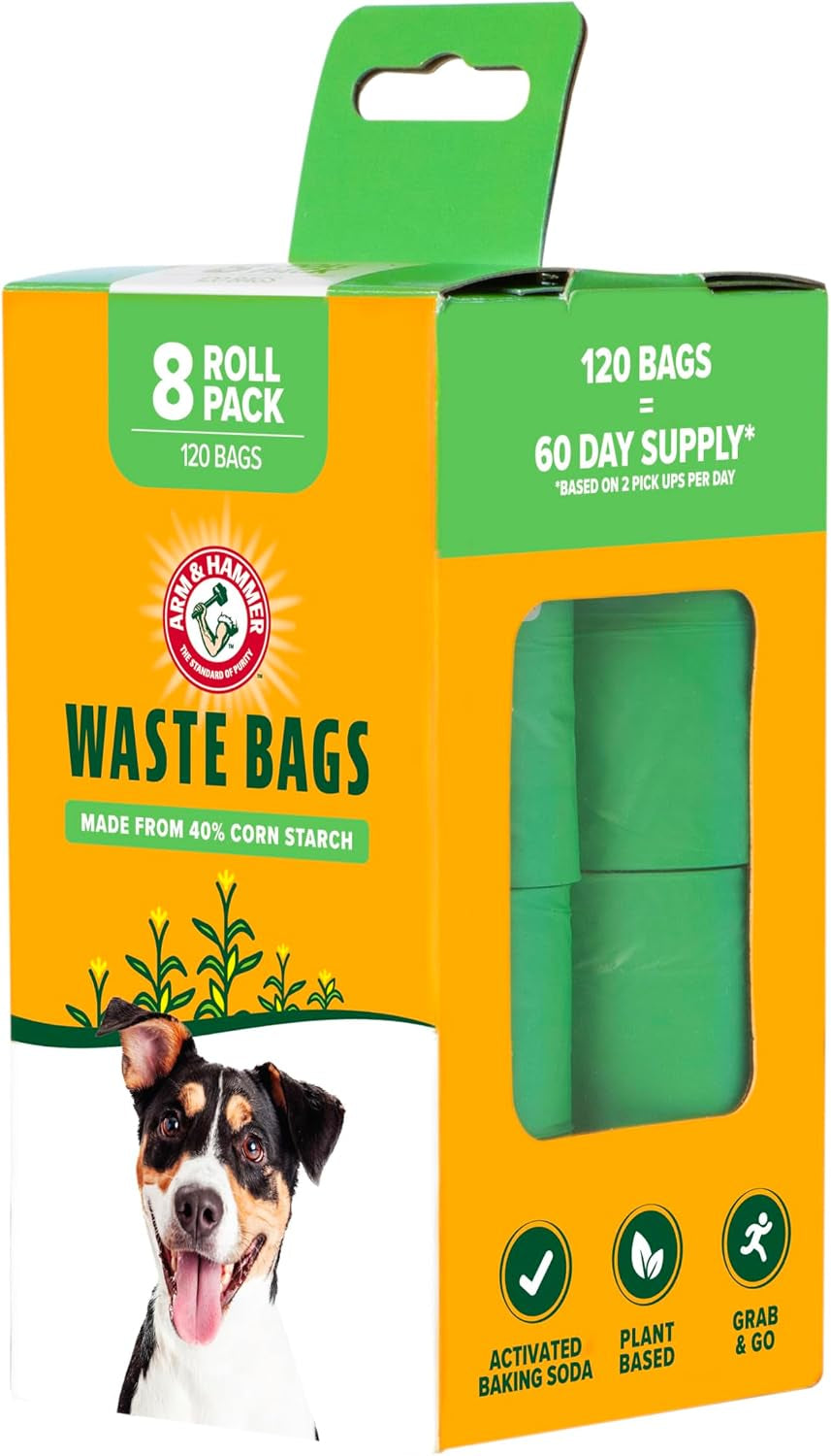 arm-hammer-dog-poop-leakproof-plant-based-120-count-waste-bags-unscented-made-from-40-corn-starch-with-activated-baking-soda-pack-of-8-green