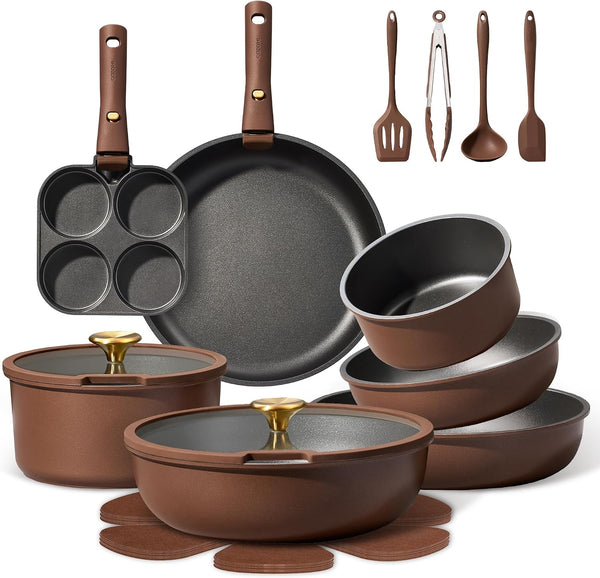 21Pcs Pots and Pans Set, Nonstick Cookware Set Detachable Handle, Induction Kitchen Cookware Sets Non Stick with Removable Handle, RV Cookware Set, Oven Safe, Brown1