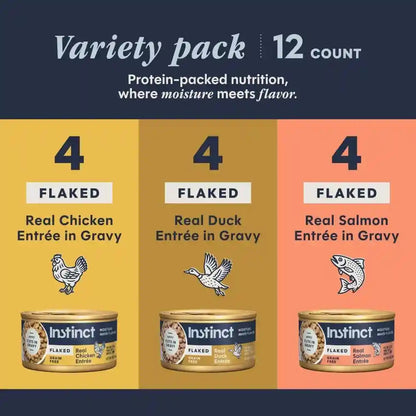 Instinct Flaked Entrees, Wet Canned Cat Food, Variety Pack, 3 Oz (12 Count) | Tender Flaked Cuts in Savory Gravy, High Protein, Real Meat, Whole-Food Ingredients, Grain-Free, Hydration Support3