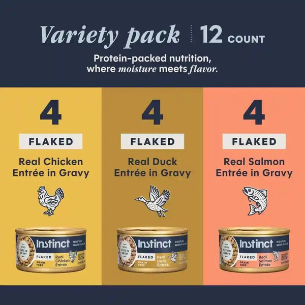 Instinct Flaked Entrees, Wet Canned Cat Food, Variety Pack, 3 Oz (12 Count) | Tender Flaked Cuts in Savory Gravy, High Protein, Real Meat, Whole-Food Ingredients, Grain-Free, Hydration Support3