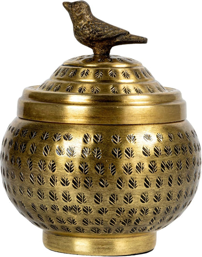 Round Hammered Metal Container with Bird Finial, Brass Finish6