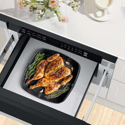 23.5 Inch Built-In Drawer Microwave Oven, 1.1 Cu. Ft., Touchscreen Control, Stainless Steel, Flat-Bed Design, Electric Drawer Open8