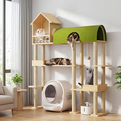 60'' Cat Tree for Automatic Litter Box, for Heavy Cats up to 22Lbs | Solid Wood Large Cat Tower with Tunnel & House, Space-Saving for Indoor Multi-Pet Households, Stops Furniture Scratching1