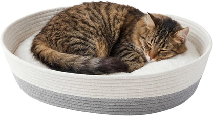 Kitty City Woven Cat Bed with Removable Washable Cushion, Cozy Braided Rope Indoor Cat Bed with Natural Catnip, Warm round Cat Bed for Small to Medium Cats, 14” X 19" - White/Grey1