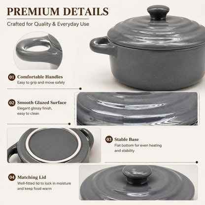 Mini Dutch Oven Set of 4, 14 Oz Ceramic Mini Dutch Ovens with Lids and Handles, Ramekins with Lids for French Onion Soup, Pot Pies, Soufflés and Baked Desserts, Oven Microwave Dishwasher Safe, Mini Cocotte, Grey7
