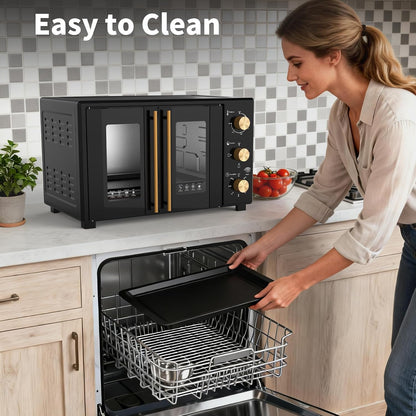 French Door Electric Knob Oven, 35 QT Extra Large Oven,18-Slice Convection Oven3-Control Knobs, Bake Broil Toast Grilled Meat Keep Warm, Black Metal,Equipped with a Tray and a Rack.8