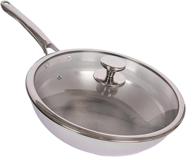 Titanium Hammered Wok with Lid, Pure, No Coating Non-Stick Titanium Pans for Cooking, Flat Bottom Wok, Ultra-Durable, Scratch-Resistant, Compatible with All Cooktops,12.6In1