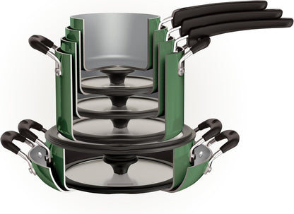 Ceramic Non Stick 11-Piece Nesting Pots and Pans Set - Green | Stackable Kitchen Cookware Set with Lids, Dishwasher and Oven Safe5