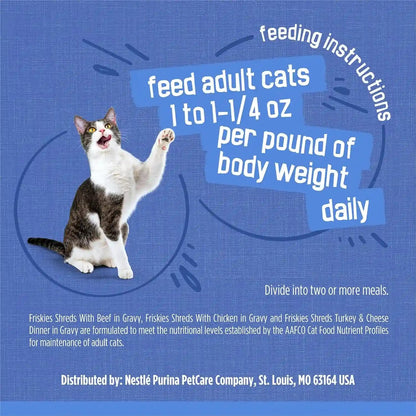 Purina Friskies Gravy Wet Cat Food Variety Pack, Shreds with Beef, with Chicken, and Turkey and Cheese Dinner - (Pack of 24) 5.5 Oz. Cans10