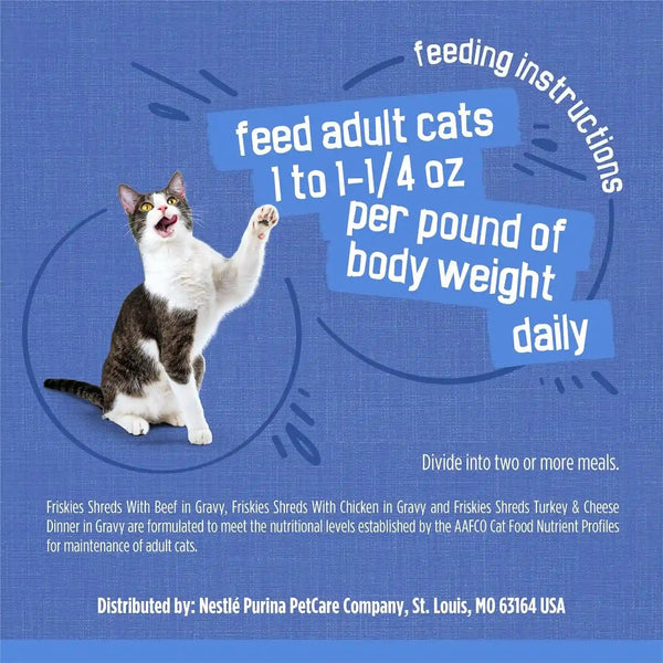Purina Friskies Gravy Wet Cat Food Variety Pack, Shreds with Beef, with Chicken, and Turkey and Cheese Dinner - (Pack of 24) 5.5 Oz. Cans10