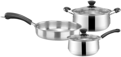 3Pcs/Set Stainless Steel Cookware Set Milk Pot Kit Induction Cooker Cooking Pan for Home Flat Bottom Frying Pan Soup Kitchen (B)1