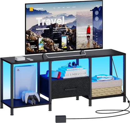 TV Stand with LED Lights, Entertainment Center with Open Shelves and Fabric Drawer, Media Console for 55 Inch TV, Television Stands for Living Room, Bedroom, Black1