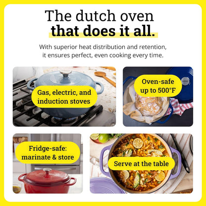 Essential Enamel Cast Iron Dutch Oven, 6 Quart, Cornflower Blue | Ideal for Bread Baking, Braising, Marinating & Slow Cooking, Features Moisture-Sealing Lid & Dual Handles4