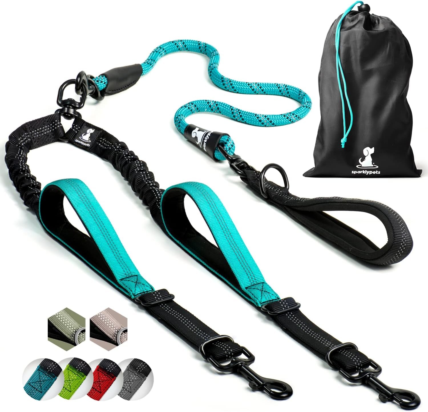 sparklypets-double-dog-leash-for-2-dogs-rope-bungee-dual-leash-for-medium-and-large-breeds-with-padded-handles-tangle-free-teal-medium-large