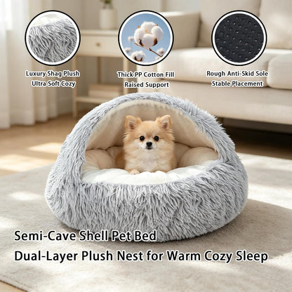 Cat Cave for Indoor Cats,Fluffy Hooded Enclosed Pet Bed for Small Dogs | 24 Inch Washable Dog Bed for Puppy and Kitten with Anti-Slip Bottom,Anti Anxiety,Light Grey2
