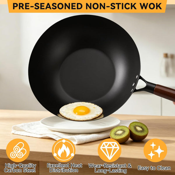 12” Carbon Steel Wok Pan with Lid, Woks & Stir-Fry Pans Nonstick, Pre-Seasoned Flat Bottom Wok for Induction Cooktop, Gas, Electric Stove, Halogen, BBQ & Camping, Open Fire4