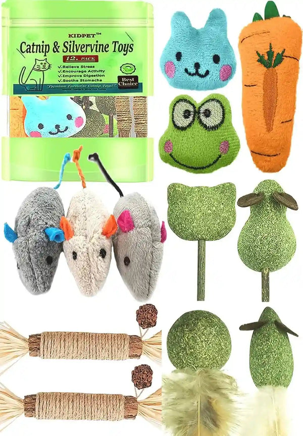 12 Pack Catnip Toys for Cats, Silvervine Sticks, Catnip Balls, Cat Nip Mice, Kicker Toys, Silver Vine Organic Chew Toys, Kitten Teething Toy,Interactive Enrichment (Green)1