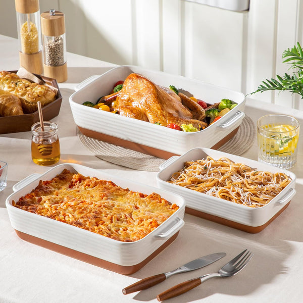 Casserole Dishes for Oven, Ceramic Baking Dishes Set of 3, Baking Pan Casserole Dish Set, Rectangular Lasagna Pan Deep with Handles for Baking, Khaki White (14.5''/13''/10.5''), Series TARA6
