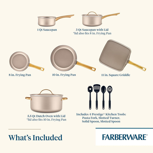 Radiant Nonstick Cookware/Pots and Pan Set with Lids and Prestige Kitchen Cooking Tools, Dishwasher Safe, 12 Piece, Champagne2