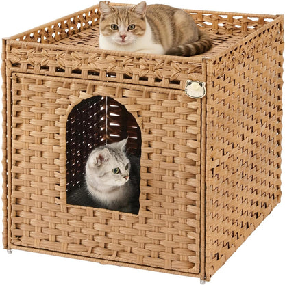 SETVSON Cat Litter Box Enclosure Furniture, Hidden Litter Box with Mat and Fence, Handwoven Rattan Cat House with Two S-Shaped Hooks for Living Room, Bedroom, 18.5 X 20.5 X 19.1 Inches (Natural)10