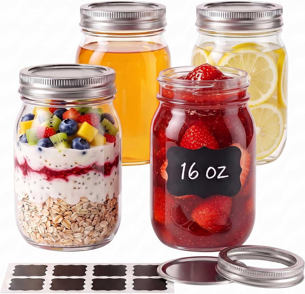 Mason Jars 16 Oz with Lids, 4 Pack Clear Glass Jars for Meal Prep & Storage | Leakproof Airtight Seal, BPA Free Thick Glass, Microwave Safe Food Container, Ideal for Canning, Overnight Oats, Meal Prep1
