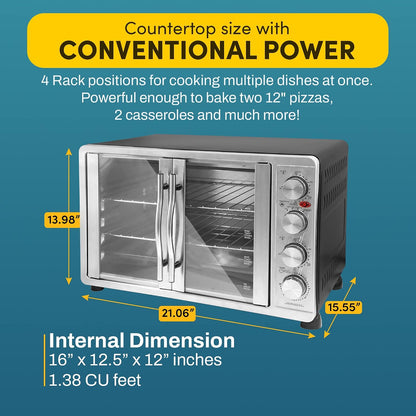 ETO4510MX French Door Convection Oven 47.5Qt, Stainless Steel | 18-Slice Capacity, 4-Control Knobs for Bake/Broil/Toast/Rotisserie/Keep Warm, Includes 2 X 14" Pizza Racks5