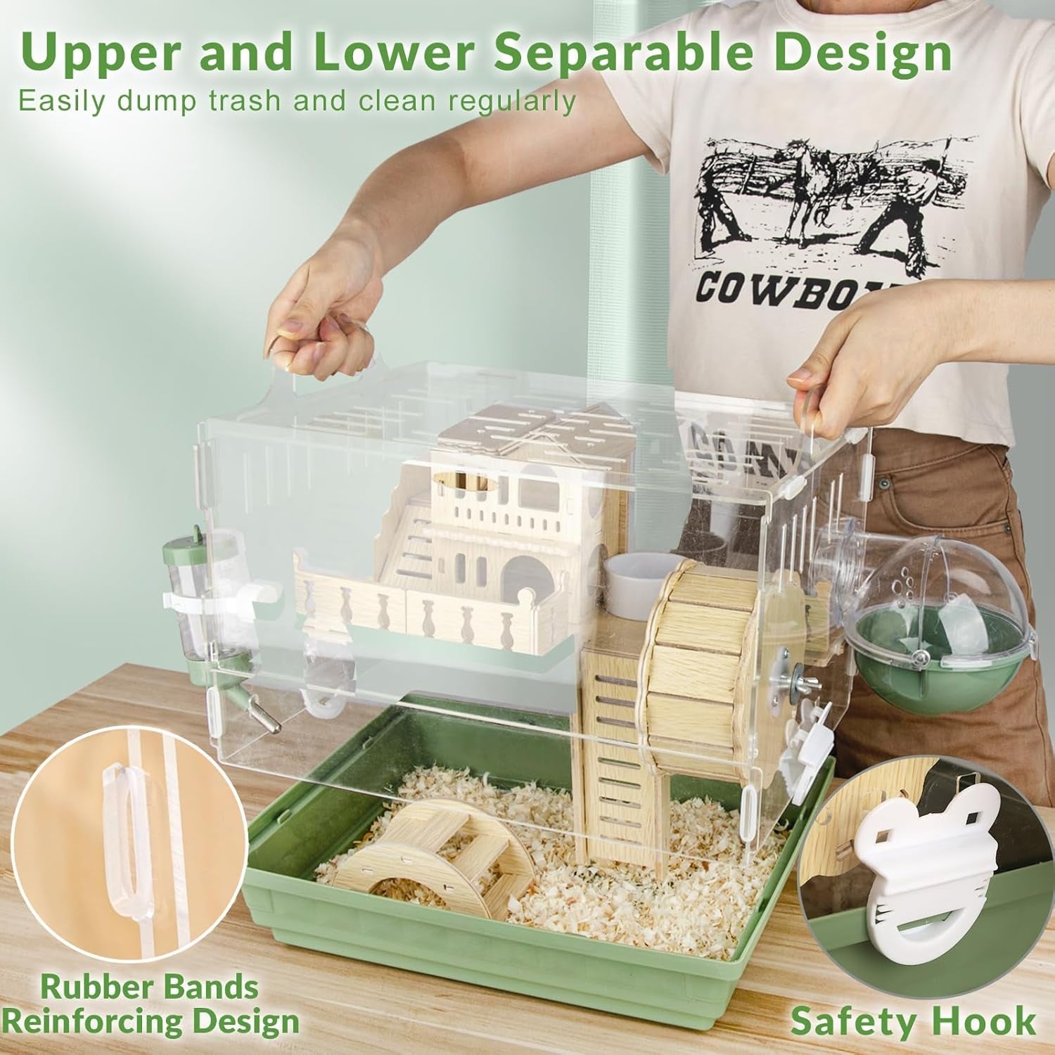 cycodo-8-in-1-acrylic-hamster-cage-2-tier-dwarf-hamster-cage-with-wooden-wheel-hideout-small-hamster-habitat-with-accessories-clear-pet-mice-housegreen-14-l-10-w-11-h