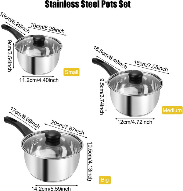 3Pcs Stainless Steel Saucepan Set, Kitchen 1QT & 2QT & 3QT Pot Set with Lid Triply Base Sauce Pot for Cooking Stainless Steel Cookware Set2
