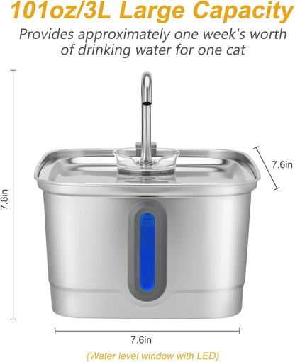 SEIRMEP Stainless Steel Cat Water Fountain, 101Oz/3L Automatic Pet Water Fountain, Dog Water Fountain with Replacement Filters for Cats, Small Dogs (8 Filters and 8 Sponges)7