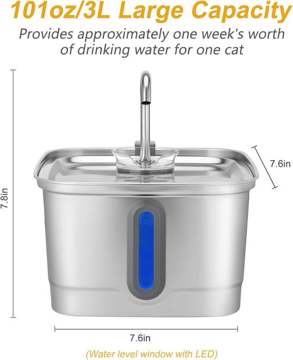 SEIRMEP Stainless Steel Cat Water Fountain, 101Oz/3L Automatic Pet Water Fountain, Dog Water Fountain with Replacement Filters for Cats, Small Dogs (8 Filters and 8 Sponges)7
