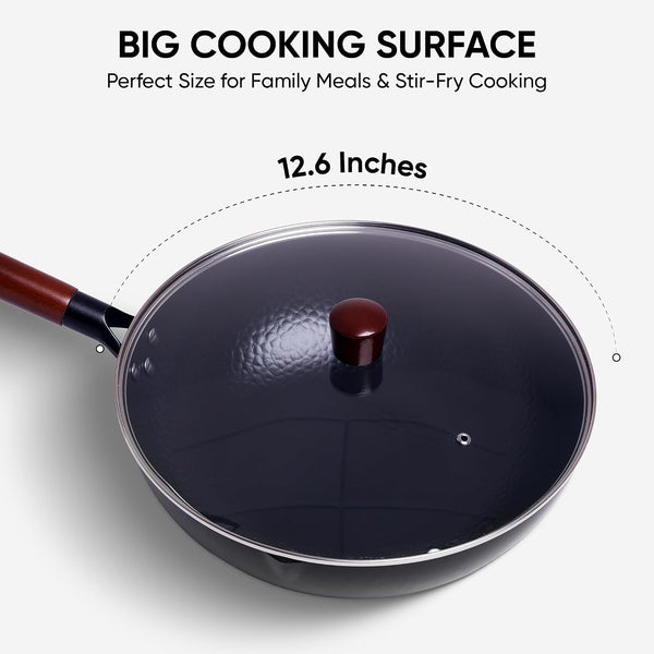 12.6 Inch Carbon Steel Wok Pan with Glass Cover, Pre-Seasoned Flat Bottom Wok for Chinese Cooking, Woks & Stir-Fry Pans Cookware, Compatible with Induction, Electric, Gas & Halogen2
