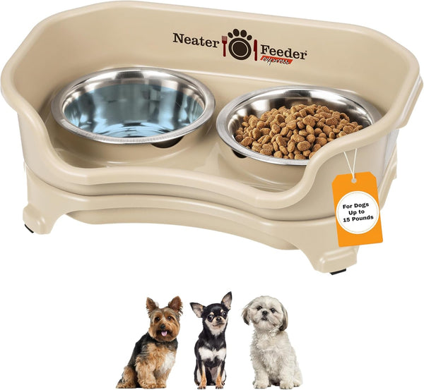 Neater Feeder Express Mess Proof Dog Bowls Elevated for Small Breeds under 15 Lb, Made in USA, No Spill Raised Dog Food Bowl Stand, Stainless Steel Food and Water Bowl Set, Feeding Station, Cappuccino15
