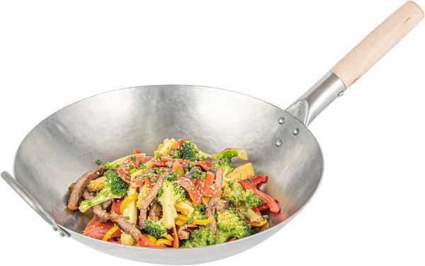 Carbon Steel Wok 1 Pack of 14 Inch Heavy-Duty Stir Fry Pan Silver Hand Hammered Wok Efficient Maneuvering Steel Helper Handle Uniform Heat Distribution Asian Cooking10