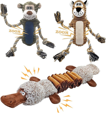BUYPOW Funny Plush Dog Chew Toys, Squeaky Dog Toys, Interactive Tug of War Puppy Toys, Stuffed Dog Toys for Small, Medium and Large Dogs - Monkey8