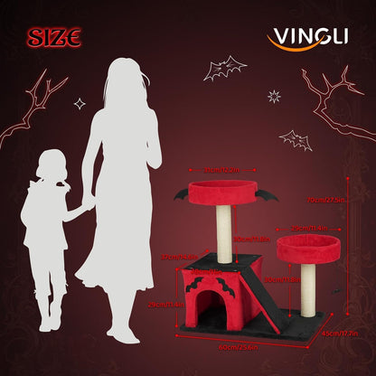 VINGLI 27.6In Gothic Cat Tree with Spacious Cat Condo & 2 Padded Perches, Red & Black Cat Tower with Scratching Ladder, Sisal Posts & Spider Toy for Large Cats7